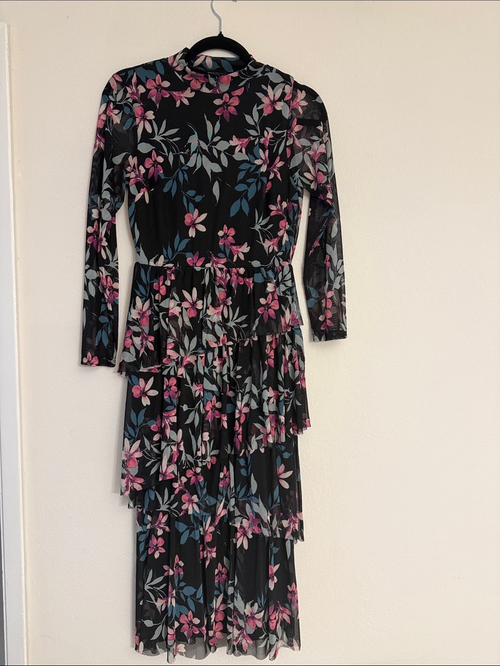 Black Floral Tiered Long-Sleeve Mesh Dress with Pink & Blue Blooms